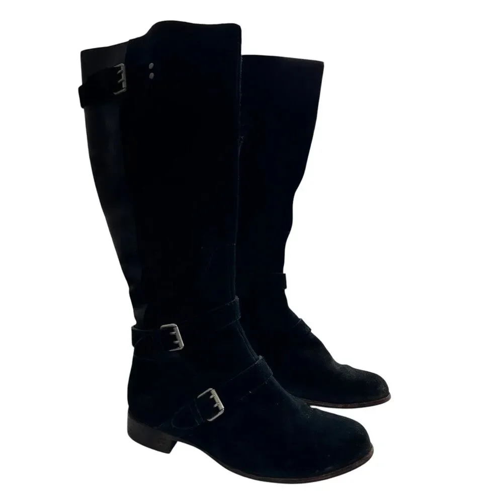 Ugg Cyndee knee high boots 9.5 Black Leather Buckle Sheepskin Shearling